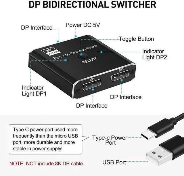 Alt view image 11 of 14 - Torpedo Nova DisplayPort 8K DP 1.4 Bidirectional Switch with IR Remote - 2x1/1x2 Manual Switcher, Support 8K@30Hz, 4K@120Hz, 32.4Gbps Bandwidth, External Power Required