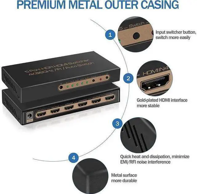 Alt view image 11 of 14 - 4K @60HZ HDMI Switch 5x1, HDMI 2.0 Switch 5 in 1 Out, 4K HDMI Switch with Remote Control Support Auto Switch, 3D, HDR 10, 18Gbps, HDCP 2.2 for PS5, Xbox, DVD, Monitor eokCXOY