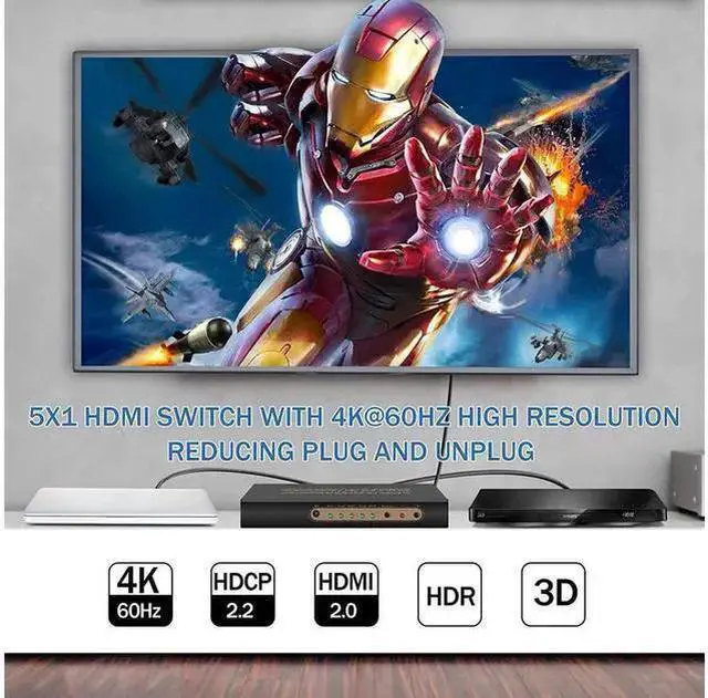 Alt view image 10 of 14 - 4K @60HZ HDMI Switch 5x1, HDMI 2.0 Switch 5 in 1 Out, 4K HDMI Switch with Remote Control Support Auto Switch, 3D, HDR 10, 18Gbps, HDCP 2.2 for PS5, Xbox, DVD, Monitor eokCXOY