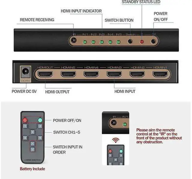Alt view image 13 of 14 - 4K @60HZ HDMI Switch 5x1, HDMI 2.0 Switch 5 in 1 Out, 4K HDMI Switch with Remote Control Support Auto Switch, 3D, HDR 10, 18Gbps, HDCP 2.2 for PS5, Xbox, DVD, Monitor eokCXOY