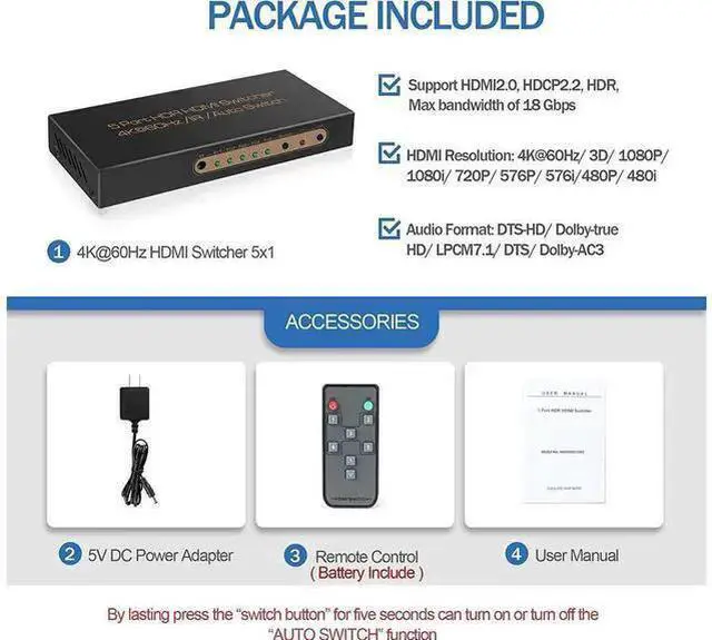 Alt view image 12 of 14 - 4K @60HZ HDMI Switch 5x1, HDMI 2.0 Switch 5 in 1 Out, 4K HDMI Switch with Remote Control Support Auto Switch, 3D, HDR 10, 18Gbps, HDCP 2.2 for PS5, Xbox, DVD, Monitor eokCXOY