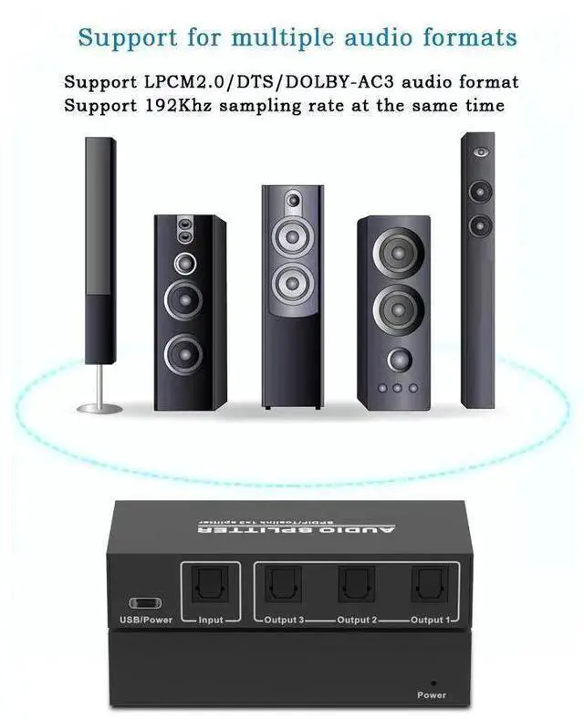 Alt view image 11 of 12 - 3 Way Spdif Toslink Optical Digital Audio Splitter 1 input 3 Outputs Support LPCM 2.0 / DTS / AC3 Audio Switcher eokCXOY