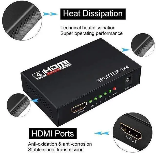 Alt view image 12 of 14 - HDMI Splitter 1 in 4 Out, 1x4 HDMI Splitter Audio Video Distributor Box Supports Full HD 1080P 4K/2K and 3D Resolutions Duplicate/Mirror Screen eokCXOY