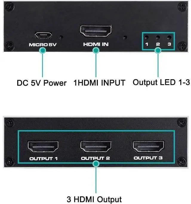 Alt view image 12 of 14 - Hdmi Splitter 1x3, HDMI Splitter 1 in 3 Out, HDMI Splitter Supports Full HD1080P 4K and 3D, Compatible with Xbox PS3/3 Roku Blu-Ray Player HDTV (Included AC Adapter) (Black) eokCXOY
