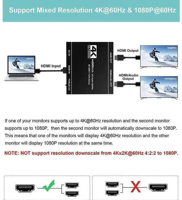 Alt view image 10 of 14 - HDMI Splitter 1 in 2 Out with HDMI Audio Output- 4K Ver HDMI2.0 HDCP2.2, Powered HDMI Splitter Supports 3D 4K@60HZ Full HD1080P for Xbox PS4 PS3 Fire Stick Roku Blu-Ray Player TV eokCXOY