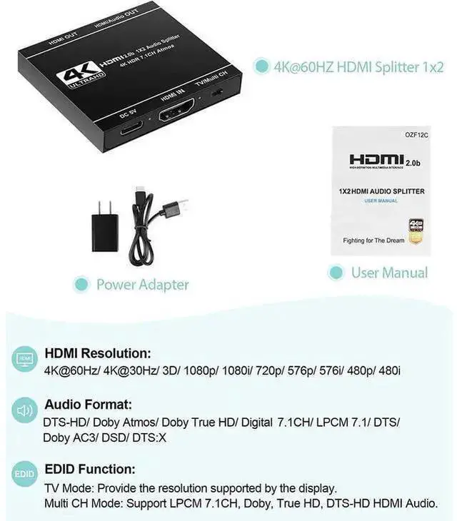 Alt view image 14 of 14 - HDMI Splitter 1 in 2 Out with HDMI Audio Output- 4K Ver HDMI2.0 HDCP2.2, Powered HDMI Splitter Supports 3D 4K@60HZ Full HD1080P for Xbox PS4 PS3 Fire Stick Roku Blu-Ray Player TV eokCXOY
