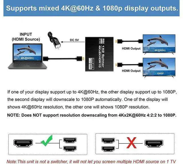 Alt view image 10 of 14 - 4K x 2K@60Hz dmi Splitter 1x2 with EDID, HDMI Splitter 1 in 2 Out, HDMI Splitter Supports Full HD1080P 4K and 3D, Compatible with Xbox PS3/4 Roku Blu-Ray Player HDTV (Black) eokCXOY