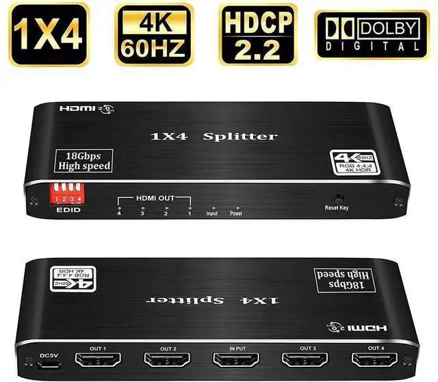 Alt view image 8 of 14 - 4K 60Hz HDMI 2.0 1X4 Switch Splitter, 4 Port 4K HDMI Switcher 1 in 4 Out, HDMI 2.0b and HDCP 2.2,4K@60Hz 1x4 HDMI Splitter.support RGB 8:8:8(7.1CH Dolby atmos, 16 kinds of EDID mode,HDR 10 eokCXOY