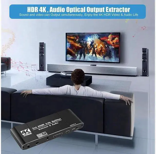 Alt view image 13 of 14 - 4K HDMI Splitter 2x4, HDMI Switch 2 in 4 Out Switcher Box with Audio Extractor and IR Remote Control, Support Ultra 4K HDR,4Kx2K@60Hz, 3D, 1080P,HDMI 2.0b, HDCP 2.2 eokCXOY