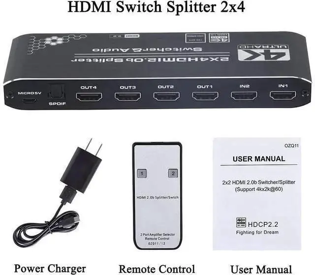Alt view image 14 of 14 - 4K HDMI Splitter 2x4, HDMI Switch 2 in 4 Out Switcher Box with Audio Extractor and IR Remote Control, Support Ultra 4K HDR,4Kx2K@60Hz, 3D, 1080P,HDMI 2.0b, HDCP 2.2 eokCXOY