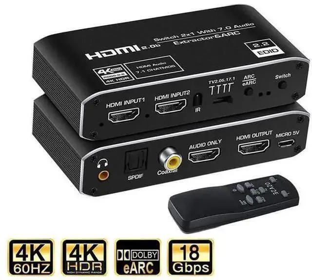 Alt view image 8 of 14 - HDMI Splitter Audio Extractor with Remote Control , 4k@60Hz 2 in 1 out with Optical Toslink SPDIF + Coaxial + 3.5mm Audio Out Supports Auto Scaling, HDCP2.3, HDMI2.0b eokCXOY