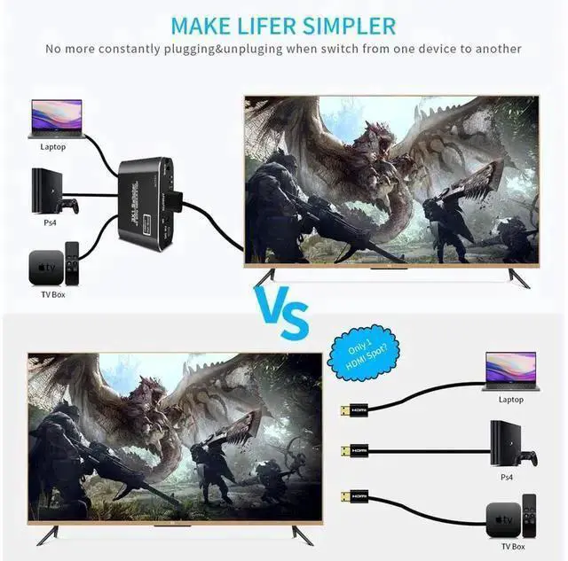 Alt view image 10 of 14 - 3x1 HDMI Splitter Aluminum HDMI Switch 3 in 1 Out with IR Remote Control, Supports 4k@60HZ 3D HD1080P, HDMI Switcher for PS3 PS4 Pro TV eokCXOY