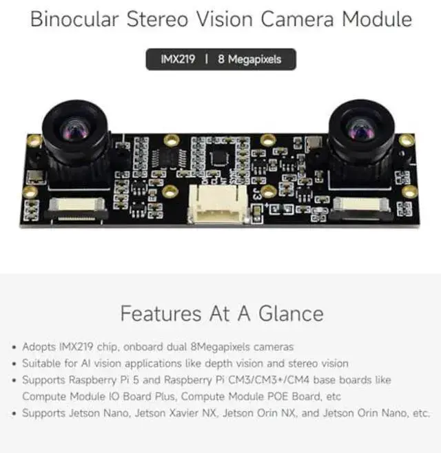 Alt view image 3 of 3 - WISDUM Waveshare Binocular Camera Module, Compatible with Raspberry Pi 5, Dual IMX219, 8 Megapixels, Stereo Vision, Depth Vision
