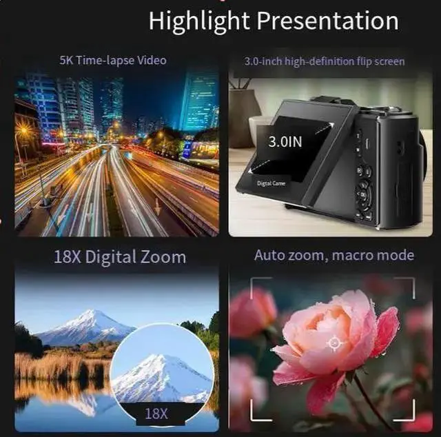Alt view image 7 of 8 - Retro 5K Mirrorless Digital Camera 3" Flip Screen, 75MP, Autofocus, 28 Filters, Student/Selfie/Home Camera, 32GB Card Included