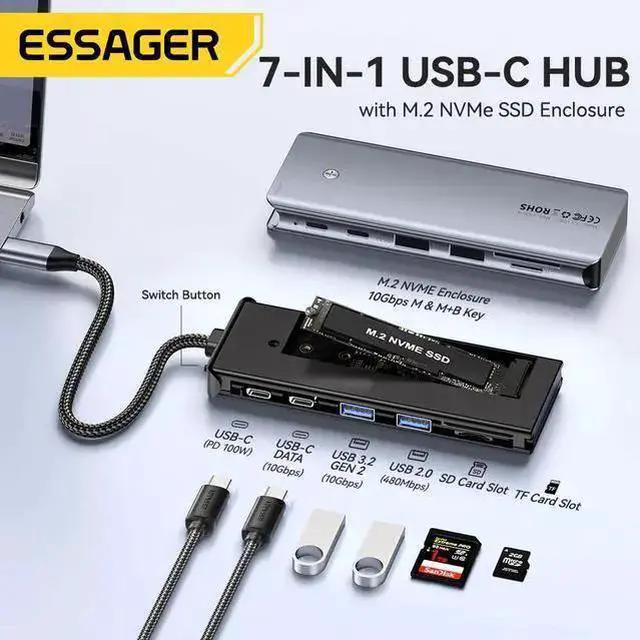 Alt view image 9 of 14 - Essager USB-C Hub with M.2 SSD Hard Drive Enclosure, 6/7-in-1 Multiport Adapter, PD100W Fast Charging, USB 3.2 10Gbps, HDMI 4K, Type-C Adapter for MacBook Pro, MacBook Air, PC Laptops