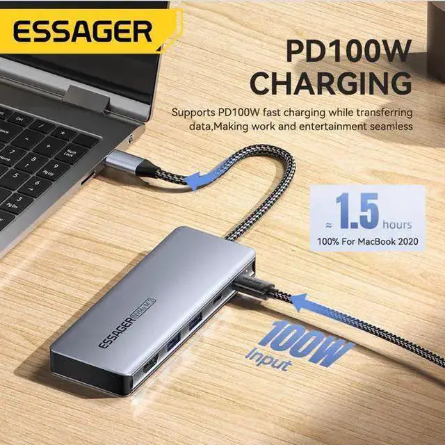 Alt view image 10 of 14 - Essager USB-C Hub with M.2 SSD Hard Drive Enclosure, 6/7-in-1 Multiport Adapter, PD100W Fast Charging, USB 3.2 10Gbps, HDMI 4K, Type-C Adapter for MacBook Pro, MacBook Air, PC Laptops