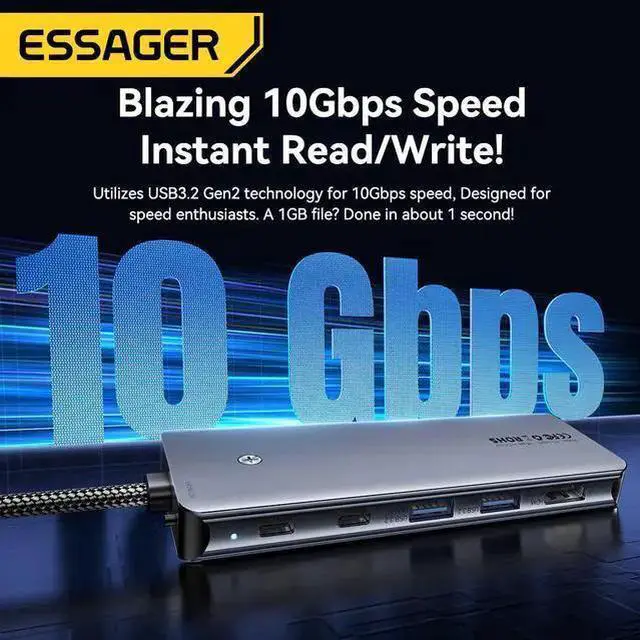 Alt view image 12 of 14 - Essager USB-C Hub with M.2 SSD Hard Drive Enclosure, 6/7-in-1 Multiport Adapter, PD100W Fast Charging, USB 3.2 10Gbps, HDMI 4K, Type-C Adapter for MacBook Pro, MacBook Air, PC Laptops