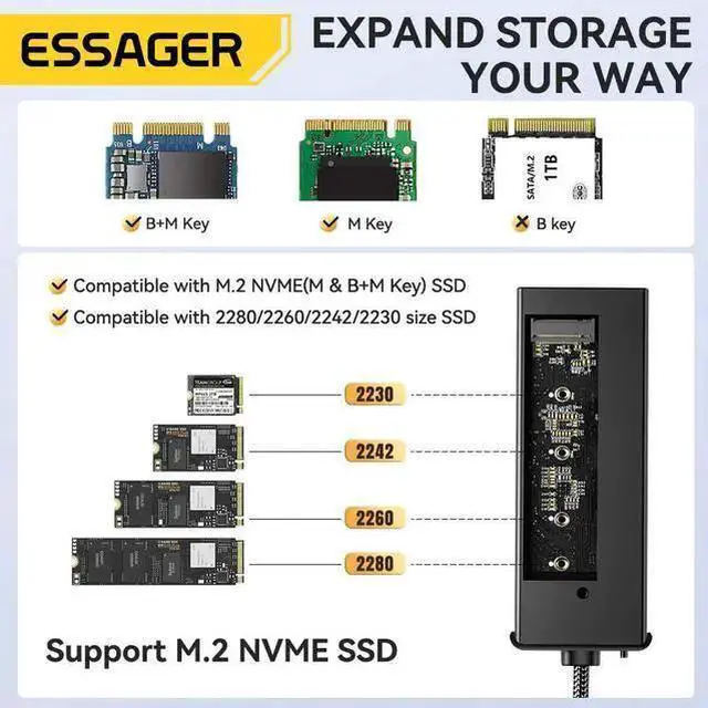 Alt view image 14 of 14 - Essager USB-C Hub with M.2 SSD Hard Drive Enclosure, 6/7-in-1 Multiport Adapter, PD100W Fast Charging, USB 3.2 10Gbps, HDMI 4K, Type-C Adapter for MacBook Pro, MacBook Air, PC Laptops
