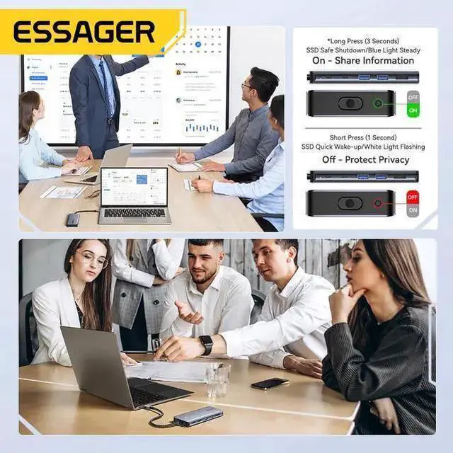 Alt view image 13 of 14 - Essager USB-C Hub with M.2 SSD Hard Drive Enclosure, 6/7-in-1 Multiport Adapter, PD100W Fast Charging, USB 3.2 10Gbps, HDMI 4K, Type-C Adapter for MacBook Pro, MacBook Air, PC Laptops