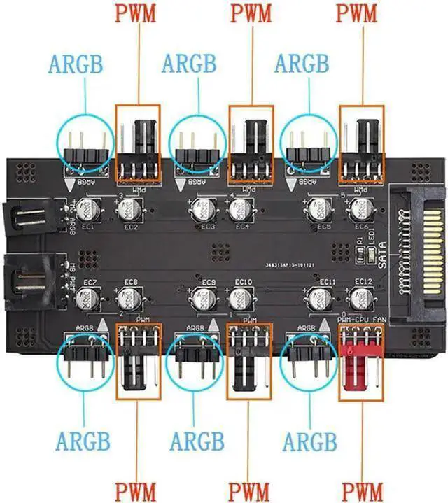 Alt view image 9 of 14 - 12V 4Pin PWM & 5V 3Pin ARGB with SATA 15Pin Power 2-in-1 Hub 6 Way Sync CPU Cooling Fan Addressable RGB Lighting PCB Splitter for Extended Motherboard Interface -Black Compatible With Desktop