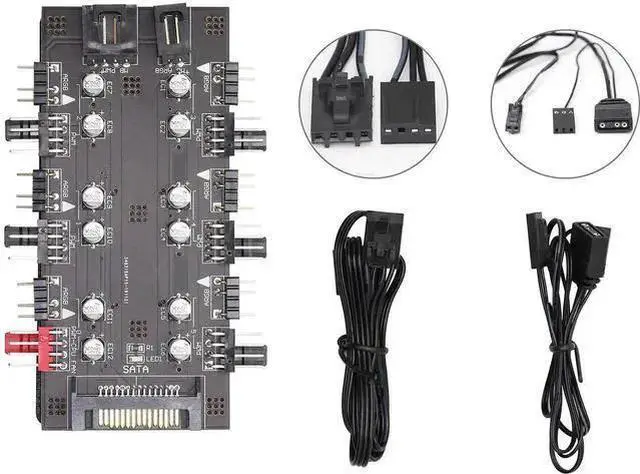 Alt view image 14 of 14 - 12V 4Pin PWM & 5V 3Pin ARGB with SATA 15Pin Power 2-in-1 Hub 6 Way Sync CPU Cooling Fan Addressable RGB Lighting PCB Splitter for Extended Motherboard Interface -Black Compatible With Desktop