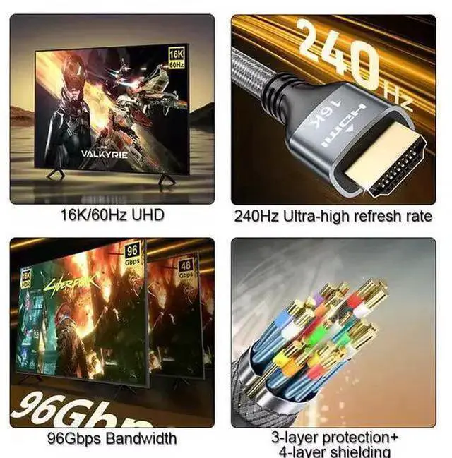 Alt view image 9 of 12 - Ultra96 HDMI 2.2 Cable - 16K@240Hz Ultra HD, 48Gbps Bandwidth, Gold-Plated Connectors, Braided Jacket for Next-Gen Projector, Monitor & Display