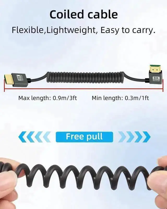 Alt view image 9 of 14 - 8K Right Angle HDMI Coiled Cable 2.2FT, 90 Degree Short HDMI to HDMI Cable, Spring Spiral HDMI 2.1 Cable 8K@60Hz,48Gbps,for Camera/TV/Capture Cards/Tablet