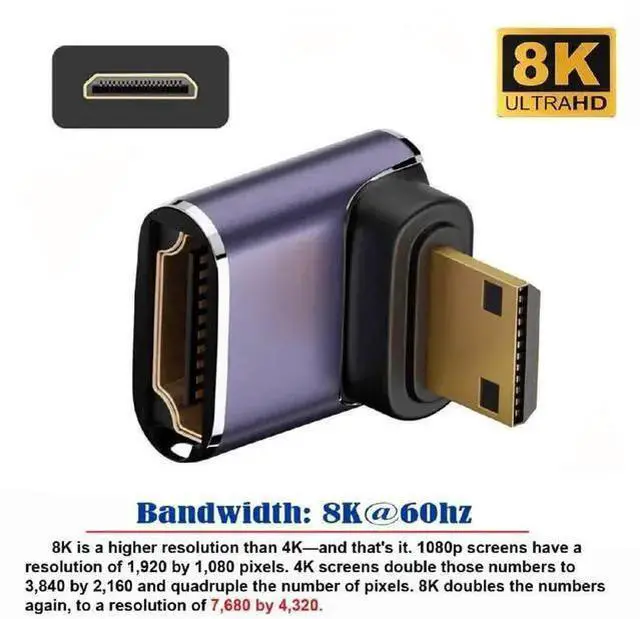 Alt view image 9 of 14 - 8K 60hz HDTV Mini HDMI 90 Degree Extender Gold Converter, Up Angled Mini HDMI Male to Female HDMI 2.1 UHD Extension Adapter