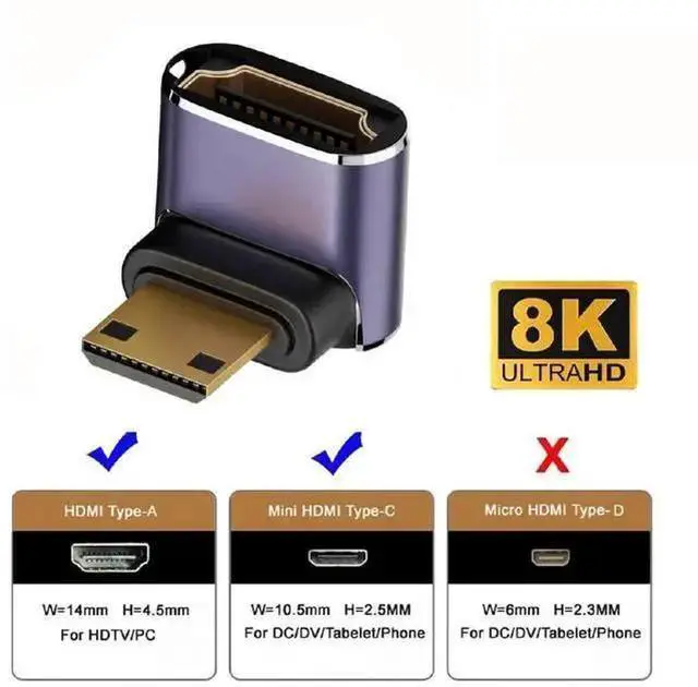 Alt view image 11 of 14 - 8K 60hz HDTV Mini HDMI 90 Degree Extender Gold Converter, Up Angled Mini HDMI Male to Female HDMI 2.1 UHD Extension Adapter