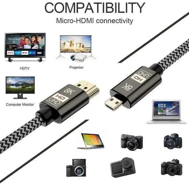 Alt view image 12 of 14 - Micro HDMI to HDMI 2.1 Ultra-HD UHD 8K 60hz 4K 120hz Cable 48Gbs HDMI Cord for Camera Tablet (1.0m)