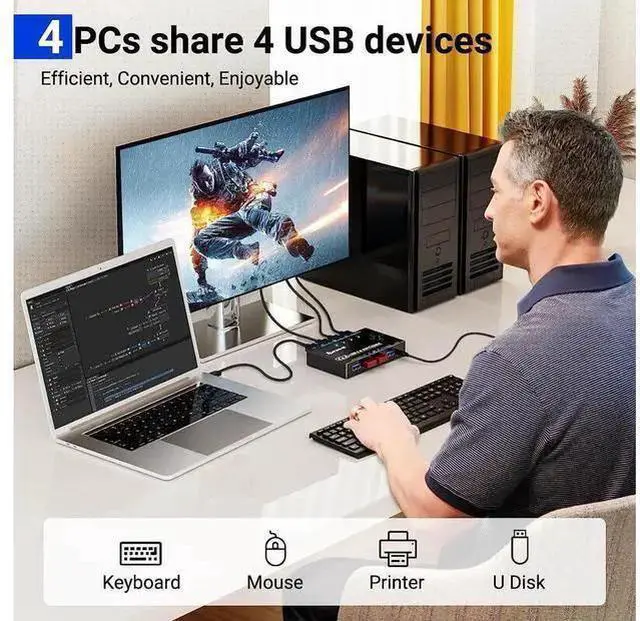Alt view image 9 of 14 - 4x4 USB 3.0 Switch, 4 Port USB Switch Selector for 4 Computers Sharing 4 USB Devices, Keyboard Mouse Switch, USB Switcher Compatible with Mac/Windows/Linux,Wired Remote and 4 USB 3.0 Cable Included