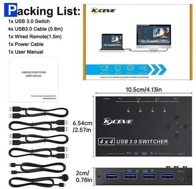 Alt view image 14 of 14 - 4x4 USB 3.0 Switch, 4 Port USB Switch Selector for 4 Computers Sharing 4 USB Devices, Keyboard Mouse Switch, USB Switcher Compatible with Mac/Windows/Linux,Wired Remote and 4 USB 3.0 Cable Included