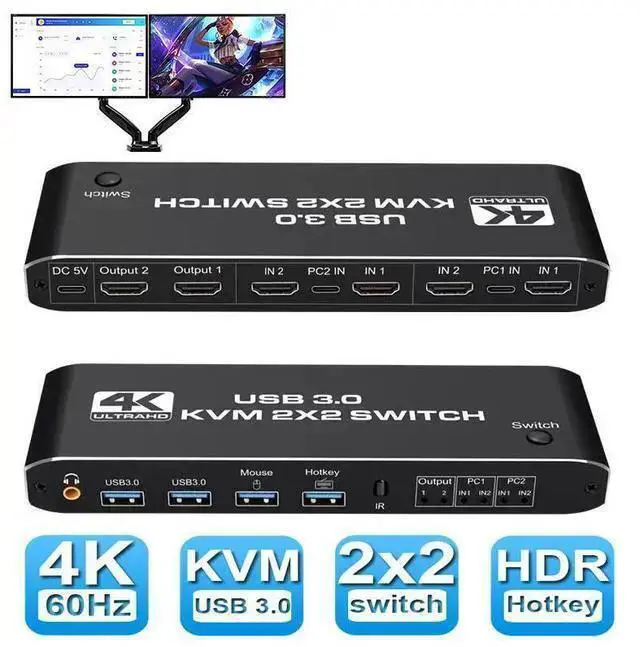 Alt view image 8 of 14 - 2 Port Dual Monitor 4K HDMI KVM Switch, 2x2 HDMI USB 3.0 KVM Switch 2 in 2 out 4K @60Hz HDMI 2.0 Switcher for 2 PC Share Monitor Mouse Keyboard (with USB 3.0 port) eokCXOY