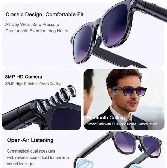 Alt view image 8 of 10 - AI Smart Glasses with 8MP Camera, Real-Time Translation & Object Recognition 1200P Video, 32MP Photo, Voice Assistant, WiFi Transfer For Meetings, Travel, Lecture Recording