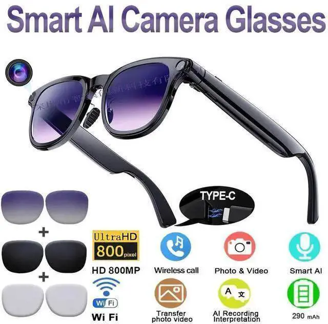 Alt view image 10 of 10 - AI Smart Glasses with 8MP Camera, Real-Time Translation & Object Recognition 1200P Video, 32MP Photo, Voice Assistant, WiFi Transfer For Meetings, Travel, Lecture Recording