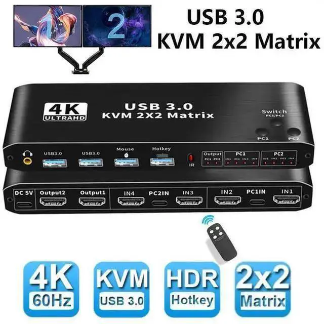 Alt view image 8 of 14 - Dual Monitor HDMI KVM Matrix Switch 2x2, USB 3.0 HDMI KVM Switch for 2 Computers 2 Monitors, HDMI KVM Switch 2 in 2 out 4K 60Hz 2x2 Mixed Display for PC laptop Windows, macOS, Linux, and UNIX eokCXOY