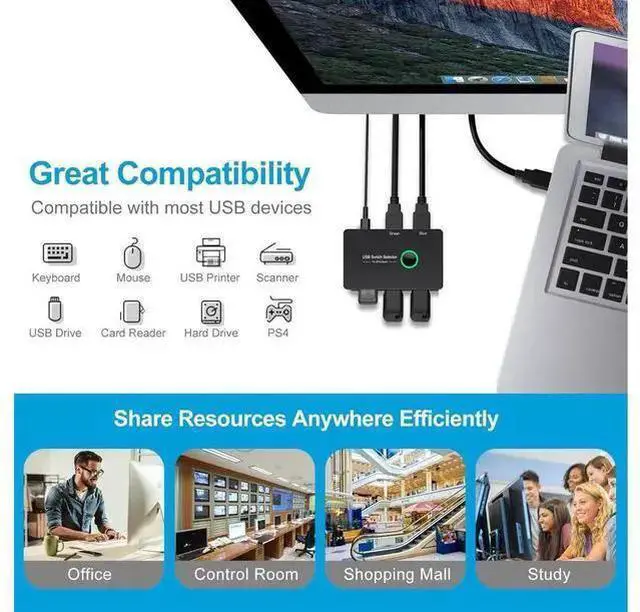 Alt view image 12 of 14 - USB 3.0 Switch 2 in 4 Out, USB Switcher 2 Computers Share 4 USB for PC Mouse Keyboard Printer Scanner, USB KVM Switch Selector Compatible with Windows, Mac, Linux eokCXOY