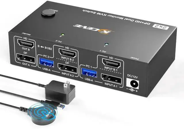 Alt view image 8 of 14 - 8K@60Hz HDMI+Displayport KVM Switch 2 Monitors 2 Computers,USB 3.0 KVM Switches Dual Monitor for 2 Computer Share 2 Monitor and 4 USB Ports,with Wired Remote,12V Power Adapter and USB Cables