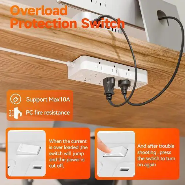 Alt view image 8 of 10 - US Power Strip, 4-Outlet Surge Protector with 4 USB Ports (2 USB-A + 2 USB-C), 1250W 10A, 1.5m Extension Cord Overload Protection, Wall Mountable for Home Office