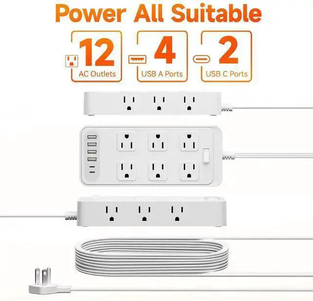 Alt view image 10 of 10 - US Power Strip, 4-Outlet Surge Protector with 4 USB Ports (2 USB-A + 2 USB-C), 1250W 10A, 1.5m Extension Cord Overload Protection, Wall Mountable for Home Office
