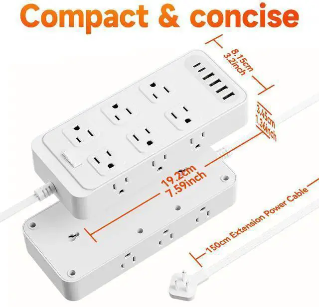 Alt view image 7 of 10 - US Power Strip, 4-Outlet Surge Protector with 4 USB Ports (2 USB-A + 2 USB-C), 1250W 10A, 1.5m Extension Cord Overload Protection, Wall Mountable for Home Office