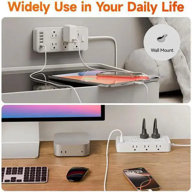 Alt view image 9 of 10 - US Power Strip, 4-Outlet Surge Protector with 4 USB Ports (2 USB-A + 2 USB-C), 1250W 10A, 1.5m Extension Cord Overload Protection, Wall Mountable for Home Office