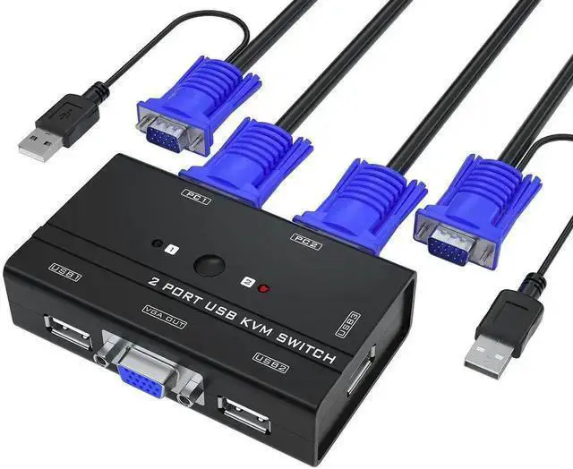 Alt view image 6 of 10 - VGA KVM Switch, 2 Port USB VGA KVM Switch w/2 KVM Cables & 3 USB Hubs for 2 Computers Share One Monitor Keyboard Mouse