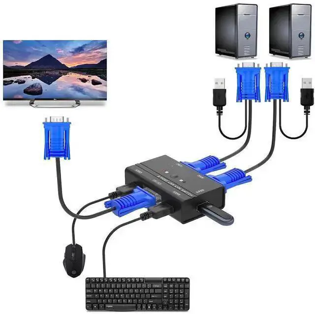 Alt view image 10 of 10 - VGA KVM Switch, 2 Port USB VGA KVM Switch w/2 KVM Cables & 3 USB Hubs for 2 Computers Share One Monitor Keyboard Mouse