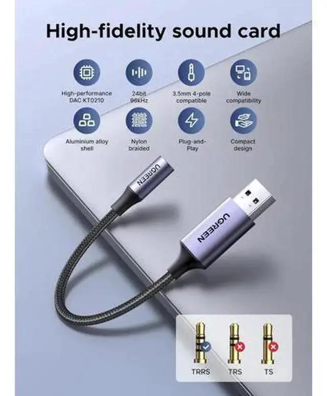 Alt view image 3 of 7 - WISDUM USB to 3.5mm Jack Audio Adapter Sound Card Support Mic TRRS Headphone DAC 24bit 96kHz Nylon Braided USB to Aux Jack Compatible with Windows Mac Linux PC PS5 PS4 Switch 2 Speaker, 9.8 Inch