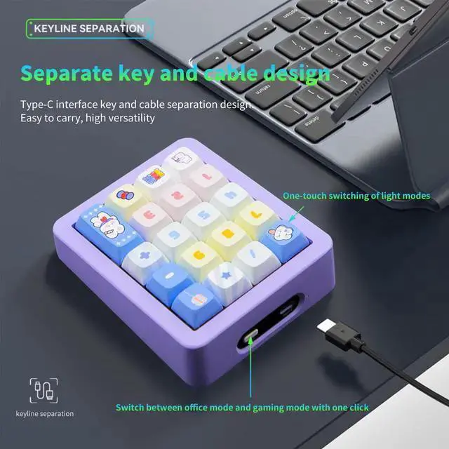 Alt view image 4 of 7 - WISDUM K812 Wired Mechanical Numeric Keypad, 19-Key Hot-Swappable RGB Numpad, Macro Programmable, Detachable Type-C Cable, Game/Office Mode Switch for PC/Laptop/Desktop (Purple)