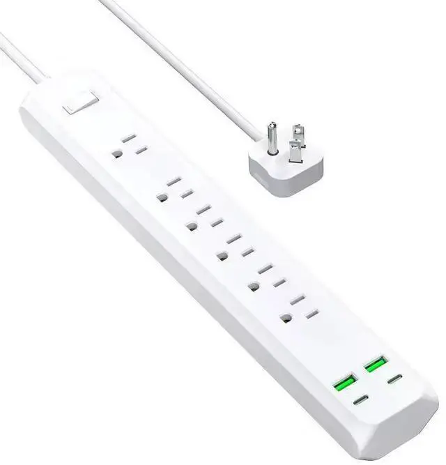 Alt view image 5 of 8 - US 6-Outlet Power Strip with 3 USB Ports, 2m Long Extension Cord Surge Protector Desktop Charging Station for Home Office 1250W/10A, Wall Mountable White