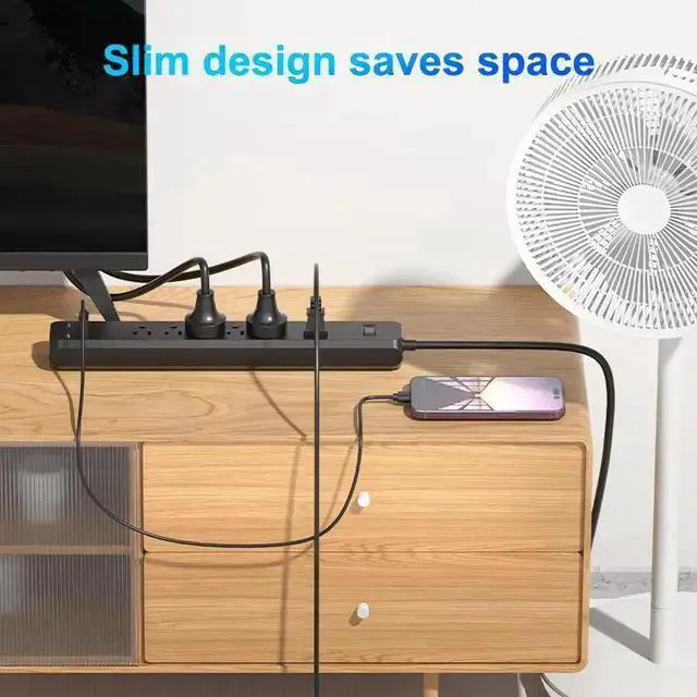 Alt view image 6 of 8 - US 6-Outlet Power Strip with 3 USB Ports, 2m Long Extension Cord Surge Protector Desktop Charging Station for Home Office 1250W/10A, Wall Mountable White