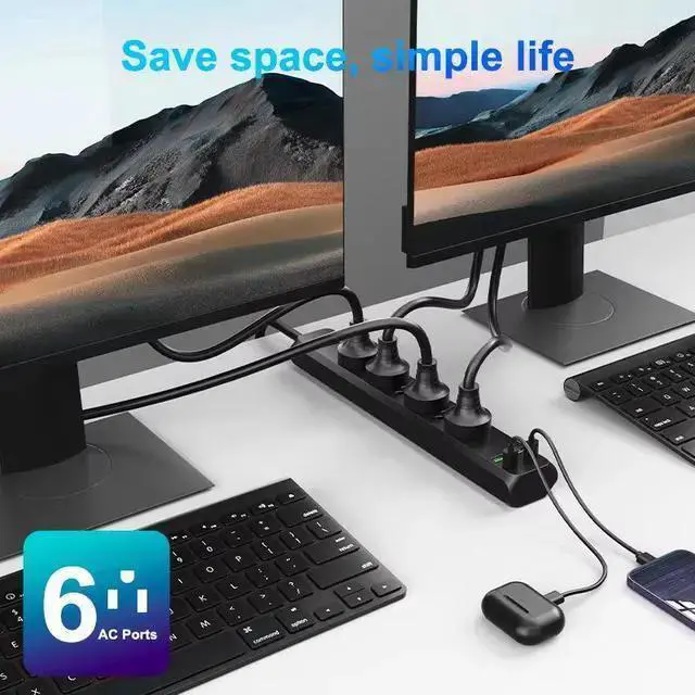 Alt view image 7 of 8 - US 6-Outlet Power Strip with 3 USB Ports, 2m Long Extension Cord Surge Protector Desktop Charging Station for Home Office 1250W/10A, Wall Mountable White