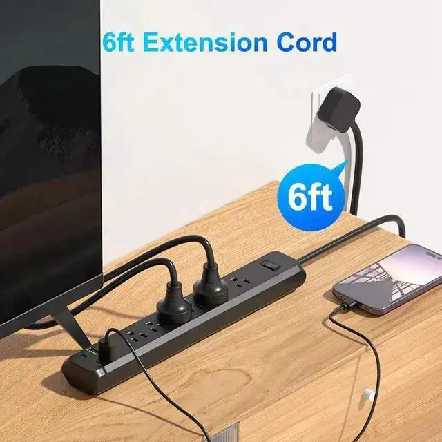 Alt view image 8 of 8 - US 6-Outlet Power Strip with 3 USB Ports, 2m Long Extension Cord Surge Protector Desktop Charging Station for Home Office 1250W/10A, Wall Mountable White